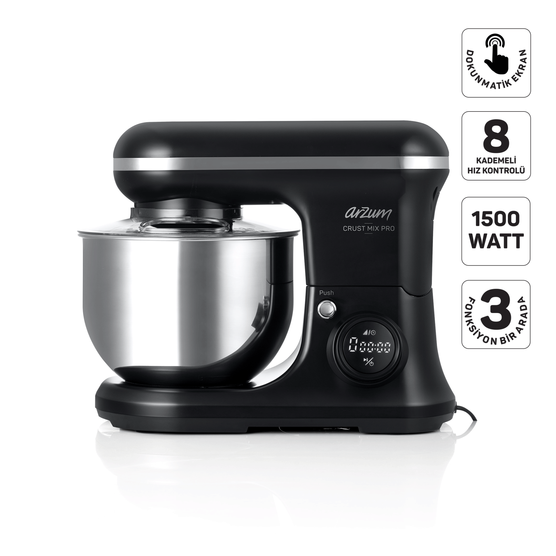 Arzum AR1186 Crust Mix Pro Stand Mikser 5L Kapasiteli 3 Farklı Aparat 1500W Siyah